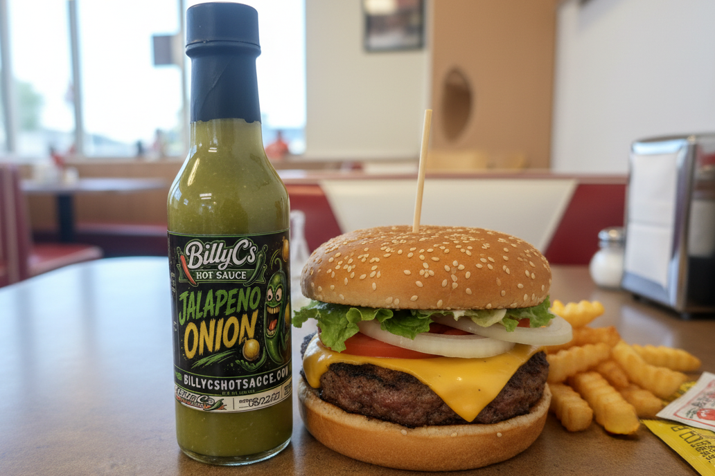 BillyC's Jalapeno Onion Hot Sauce bottle on a diner table next to a burger