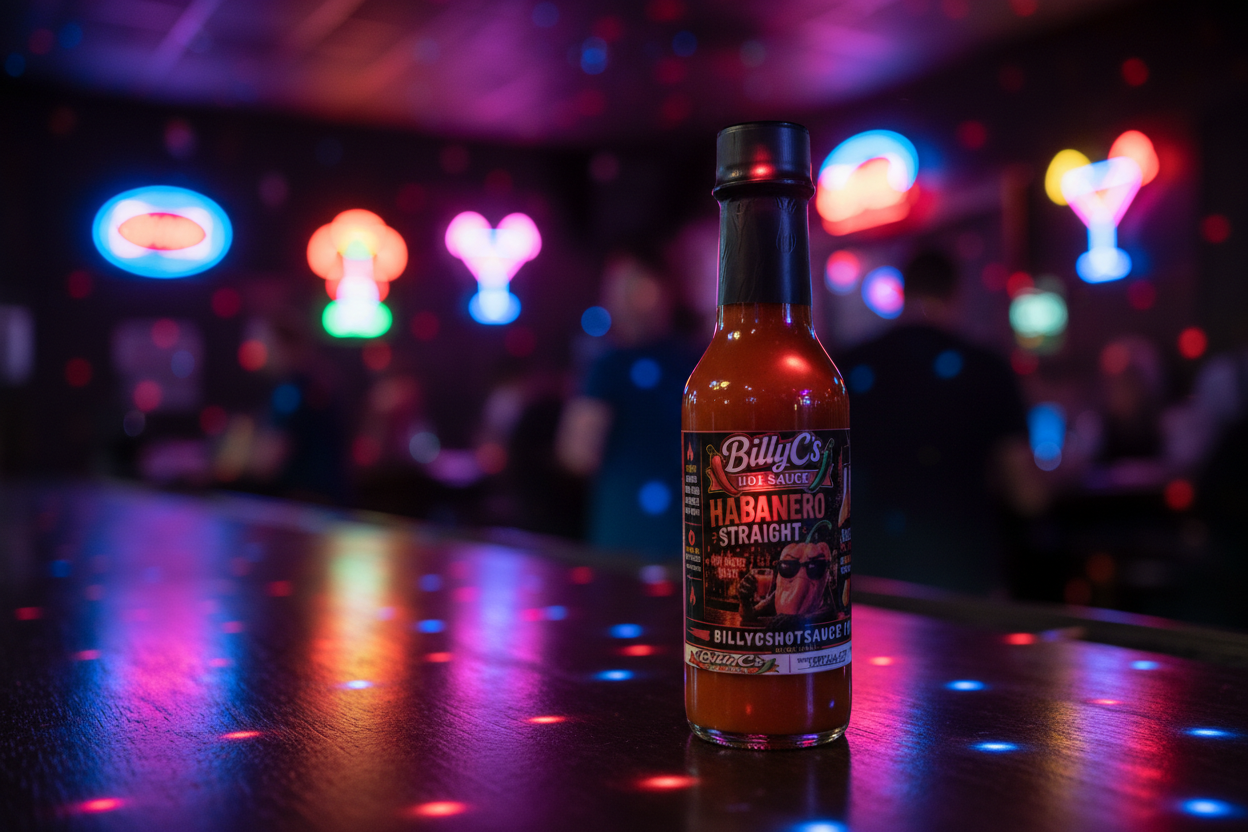 BillyC's Habanero Straight hot sauce bottle on a bar counter with disco lights